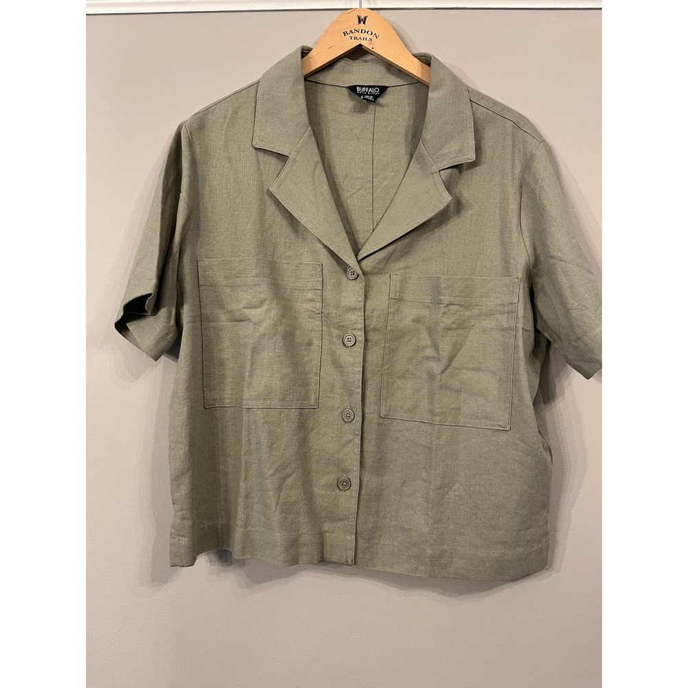 Buffalo David Bitton Sage Green Linen Blend Short Sleeve Button Down Shirt M